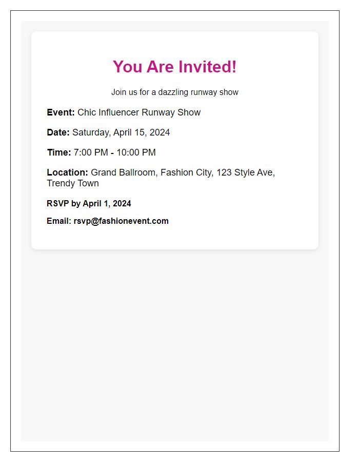 Letter template of chic influencer runway show invitation.