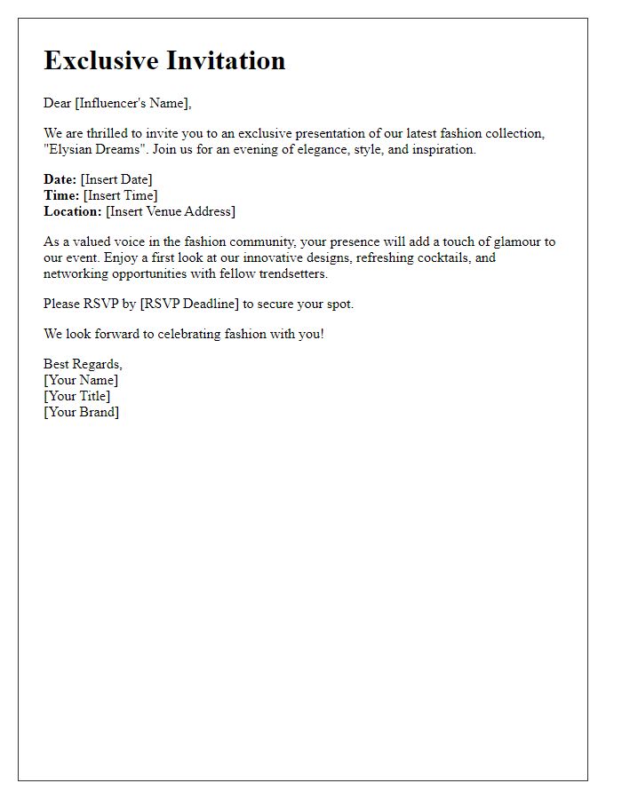 Letter template of elite influencer fashion presentation invitation.