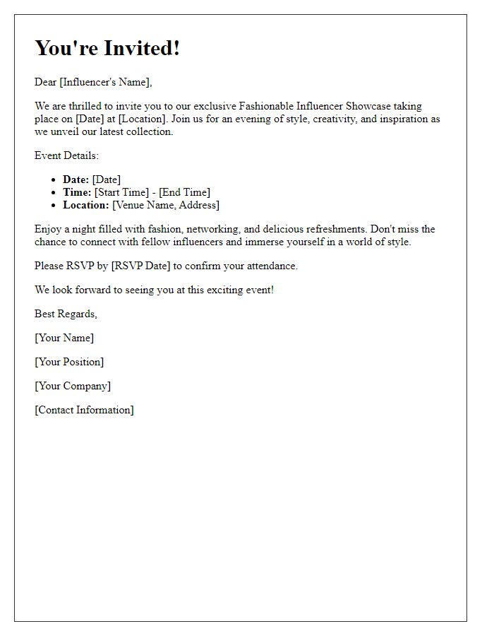 Letter template of fashionable influencer showcase invitation.