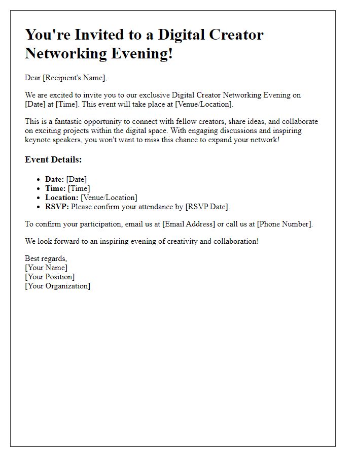 Letter template of invitation for digital creator networking evening