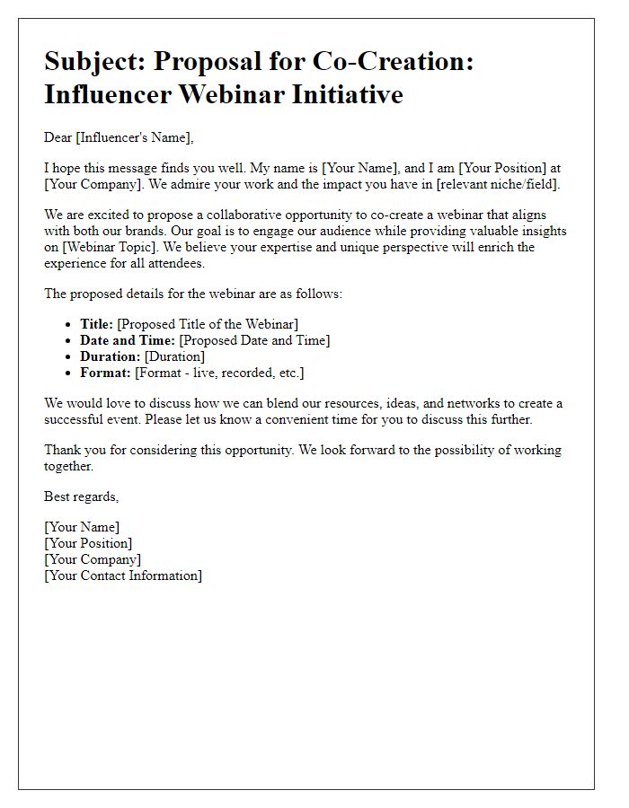 Letter template of co-creation offer for influencer webinar initiatives