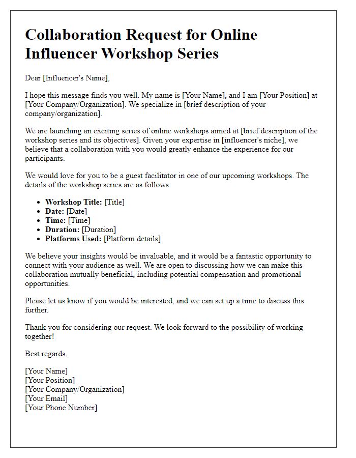 Letter template of collaboration request for online influencer workshop series