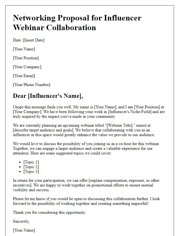 Letter template of networking proposal for influencer webinar collaborations