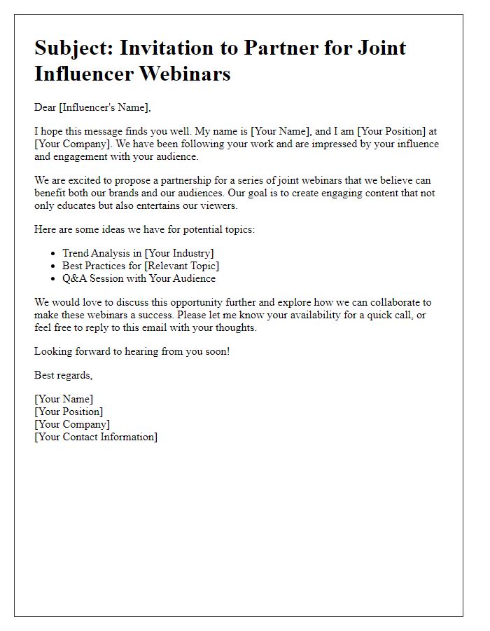 Letter template of partnership invitation for joint influencer webinars