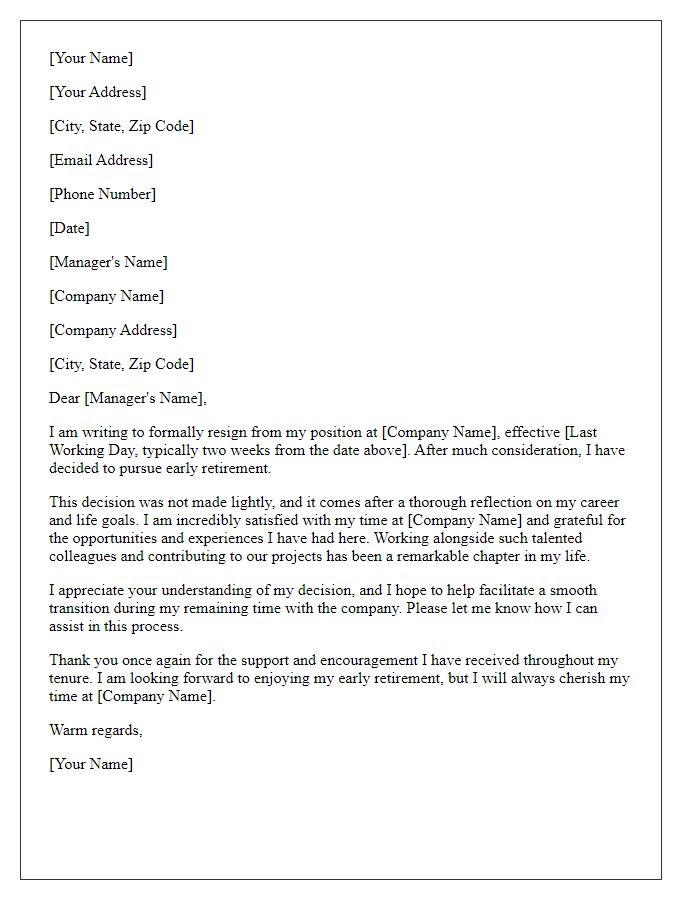 Letter template of resignation for early retirement citing job satisfaction.