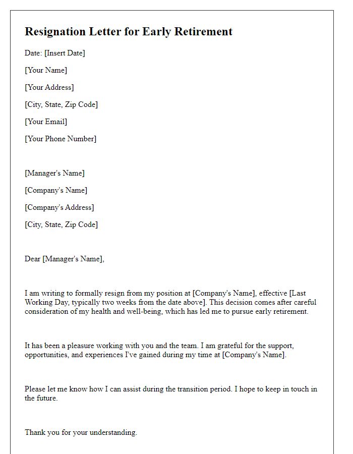 Letter template of resignation for early retirement due to health reasons.