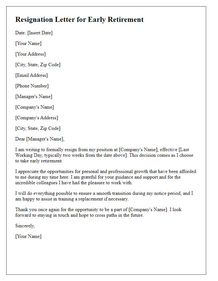 Letter template of resignation for early retirement with a notice period.