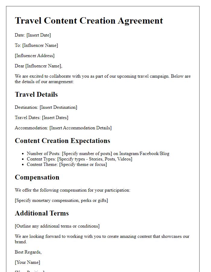 Letter template of influencer travel content creation arrangement