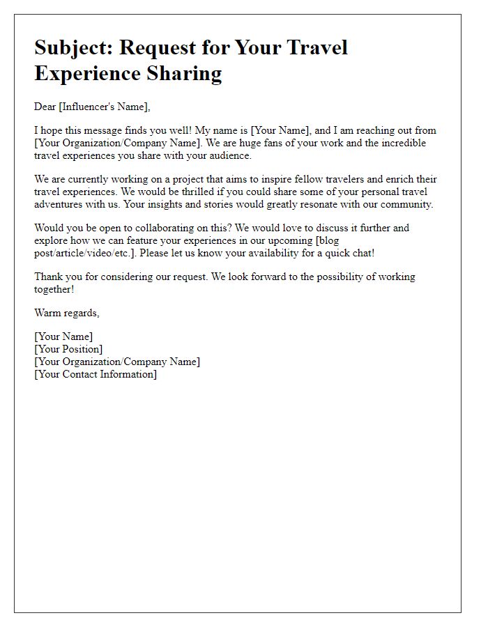 Letter template of influencer travel experience sharing request