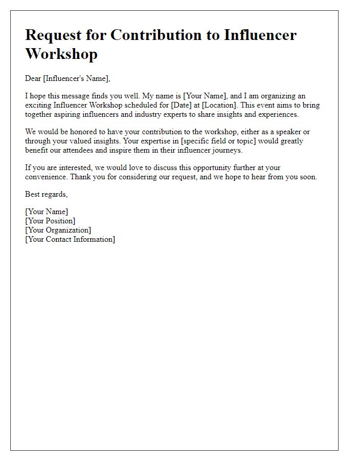 Letter template of appeal for influencer workshop contribution