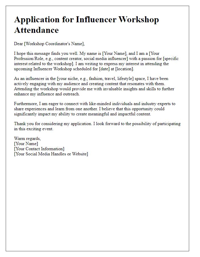 Letter template of application for influencer workshop attendance