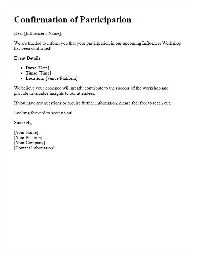 Letter template of confirmation for influencer workshop participation