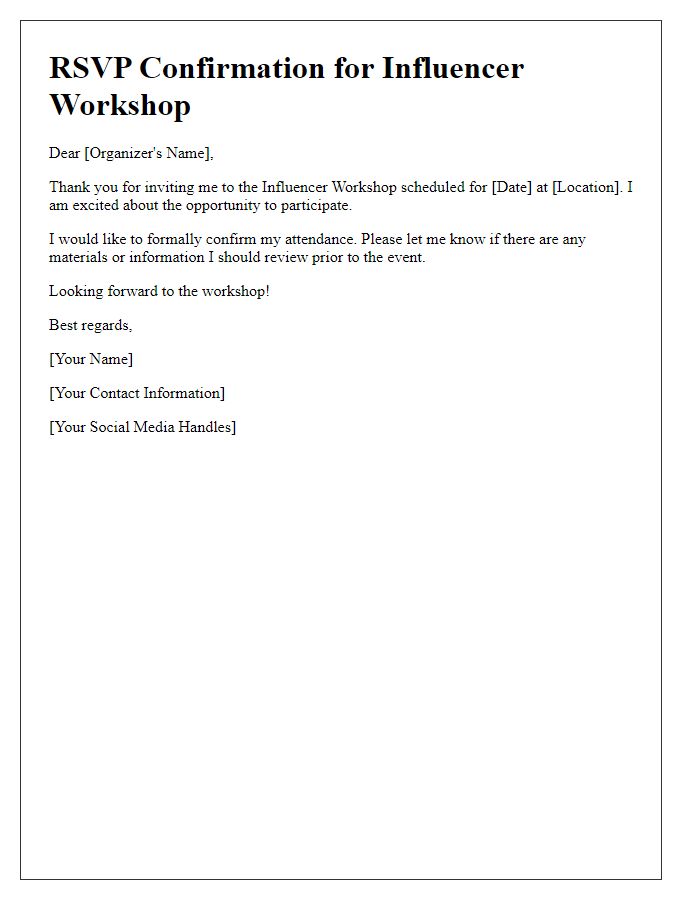 Letter template of RSVP for influencer workshop invitation