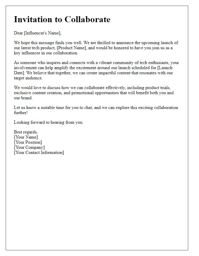 Letter template of collaboration invitation for tech product launch with influencers