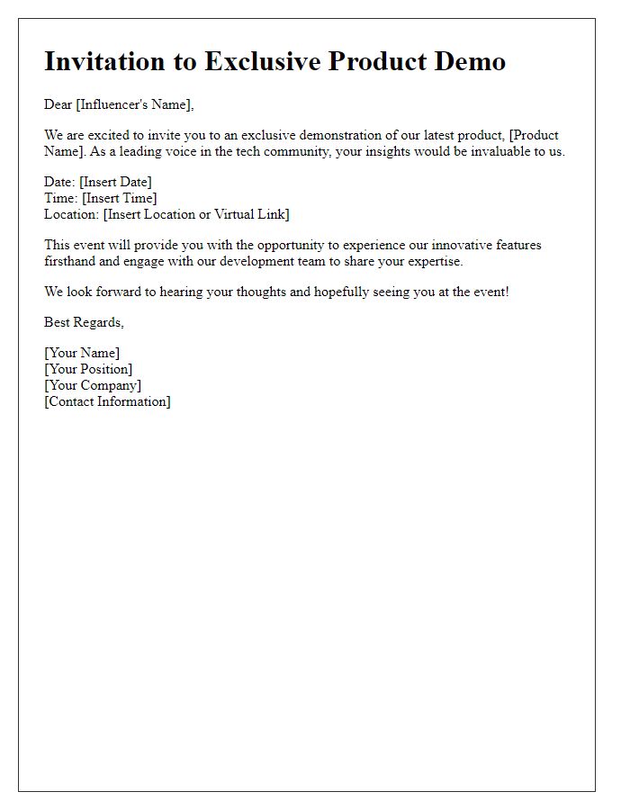 Letter template of invitation to tech influencers for product demo participation