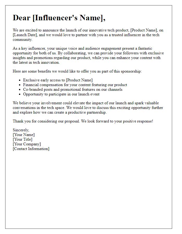 Letter template of sponsorship opportunity for tech influencers at product launch