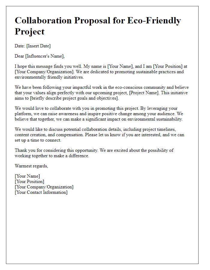 Letter template of influencer collaboration for eco-friendly project proposal