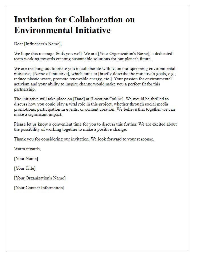 Letter template of influencer invitation for environmental initiative collaboration