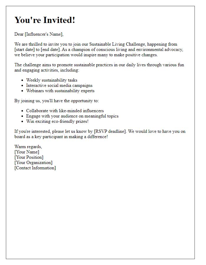 Letter template of influencer invitation for a sustainable living challenge