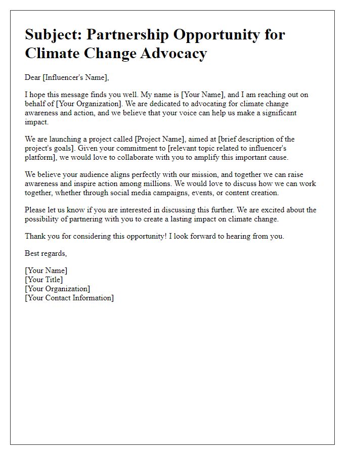 Letter template of influencer pitch for climate change advocacy project