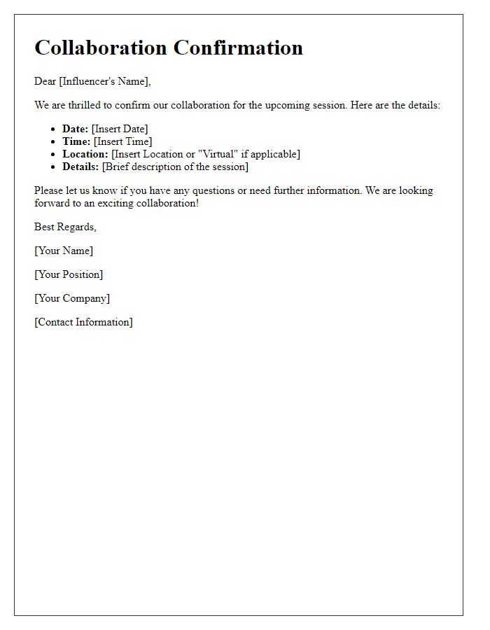 Letter template of confirmation for influencer collaboration session