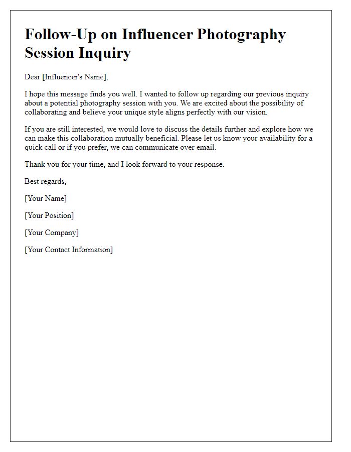 Letter template of follow-up for influencer photography session inquiry