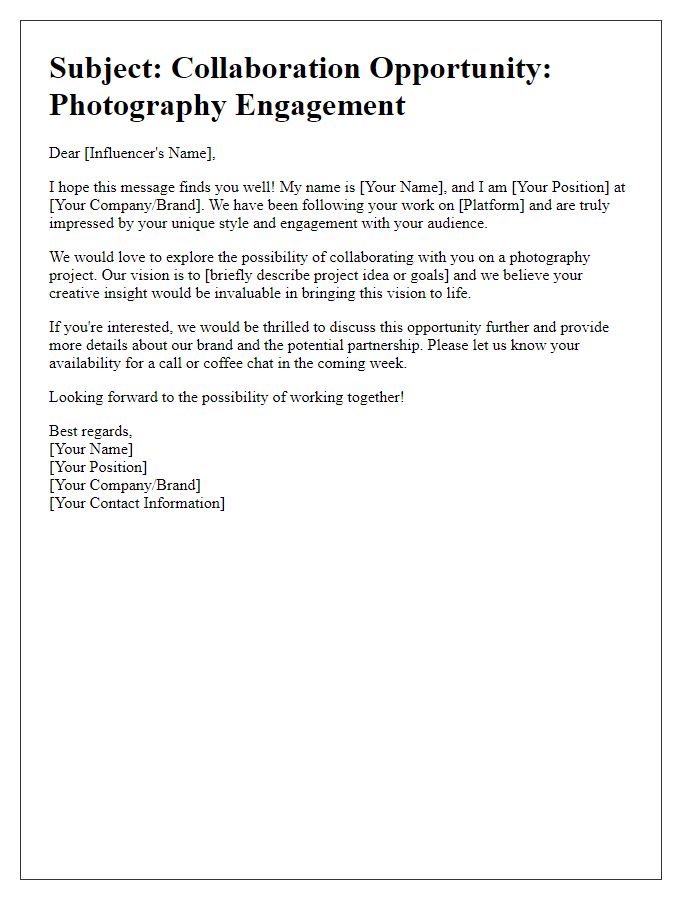 Letter template of outreach for influencer photography engagement