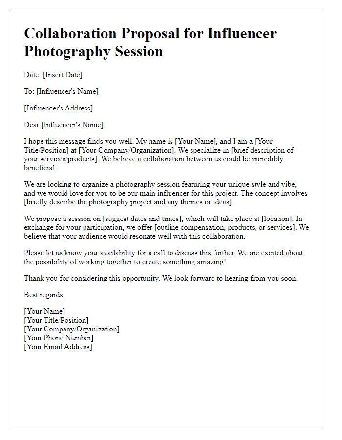 Letter template of proposal for influencer photography session collaboration