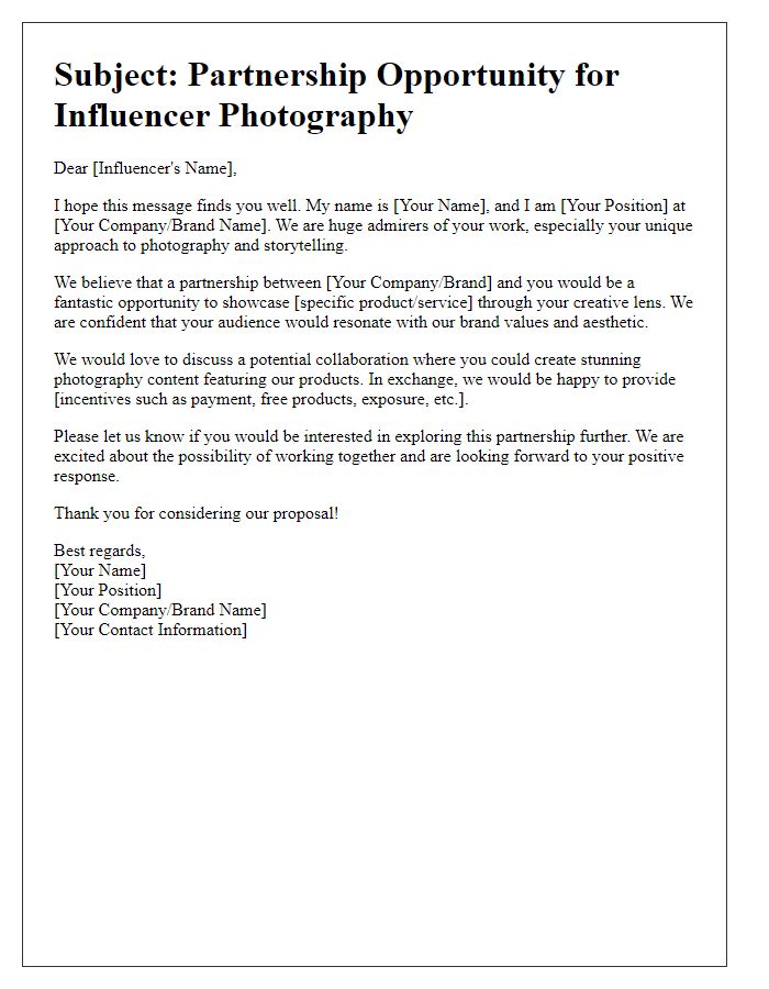 Letter template of request for influencer photography partnership