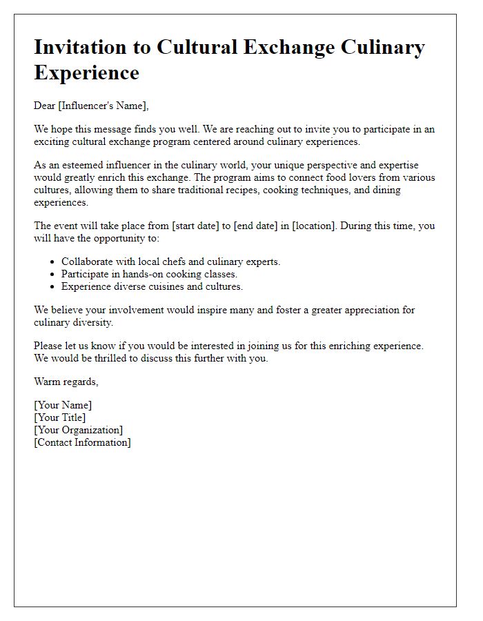 Letter template of influencer cultural exchange invitation for culinary experiences