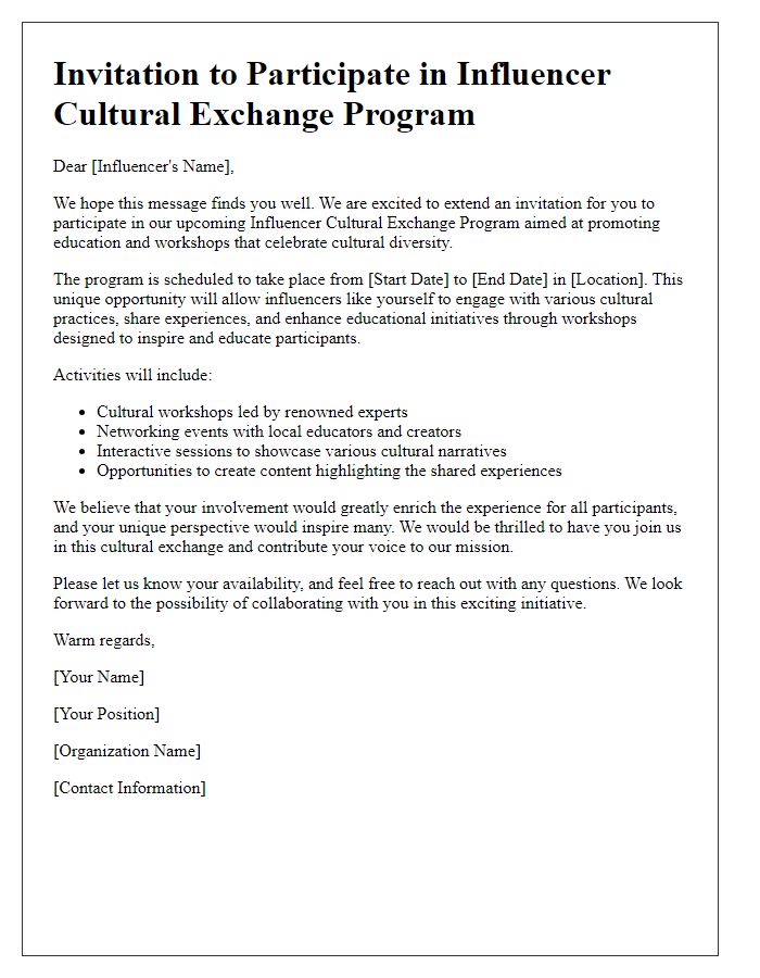 Letter template of influencer cultural exchange invitation for education and workshops