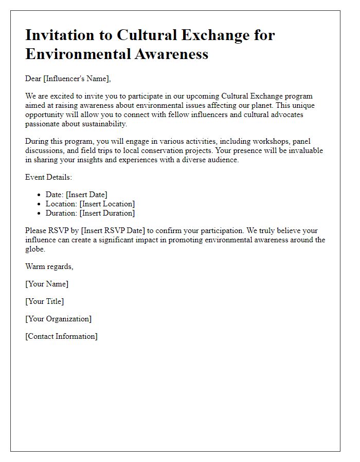 Letter template of influencer cultural exchange invitation for environmental awareness