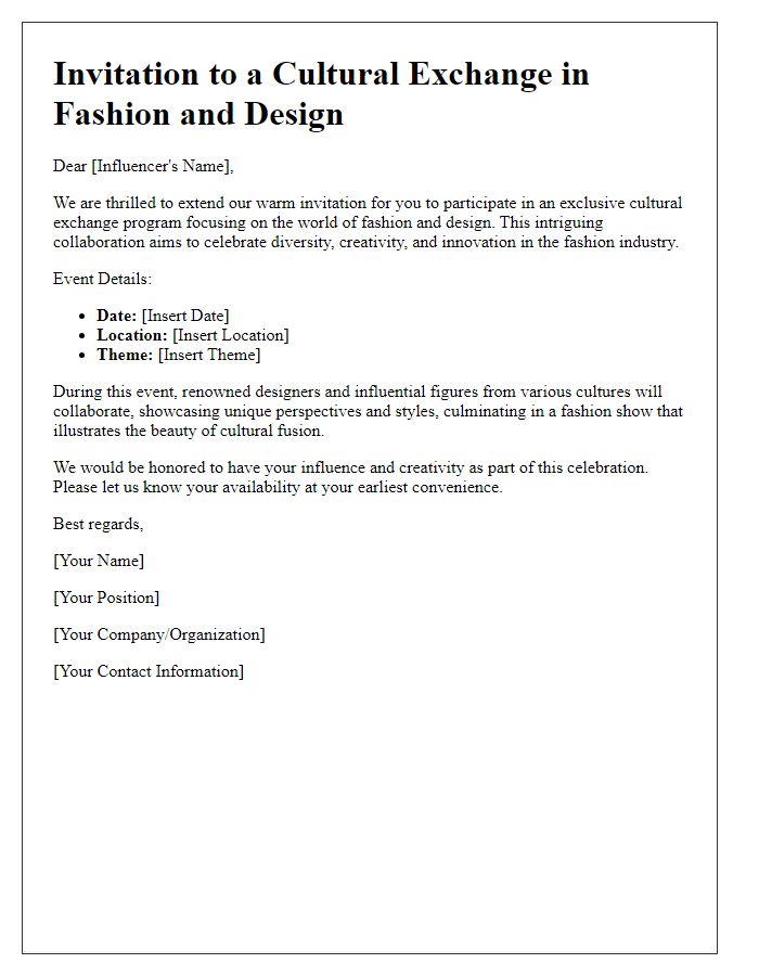 Letter template of influencer cultural exchange invitation for fashion and design