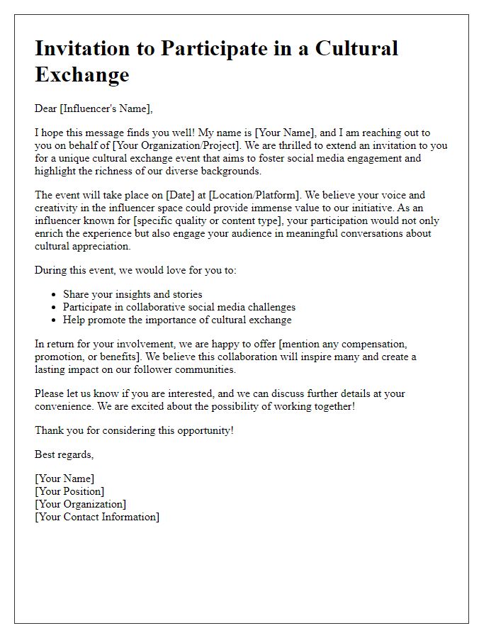 Letter template of influencer cultural exchange invitation for social media engagement