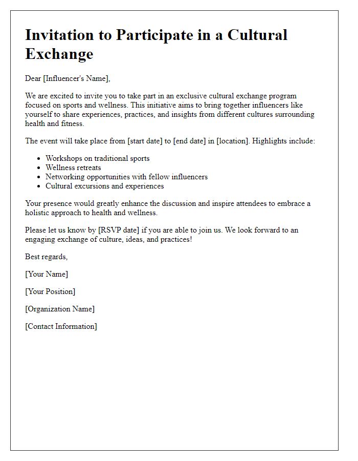 Letter template of influencer cultural exchange invitation for sports and wellness