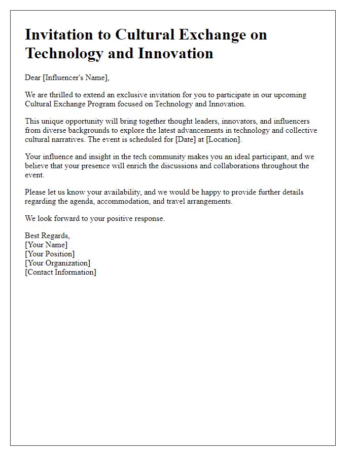 Letter template of influencer cultural exchange invitation for technology and innovation