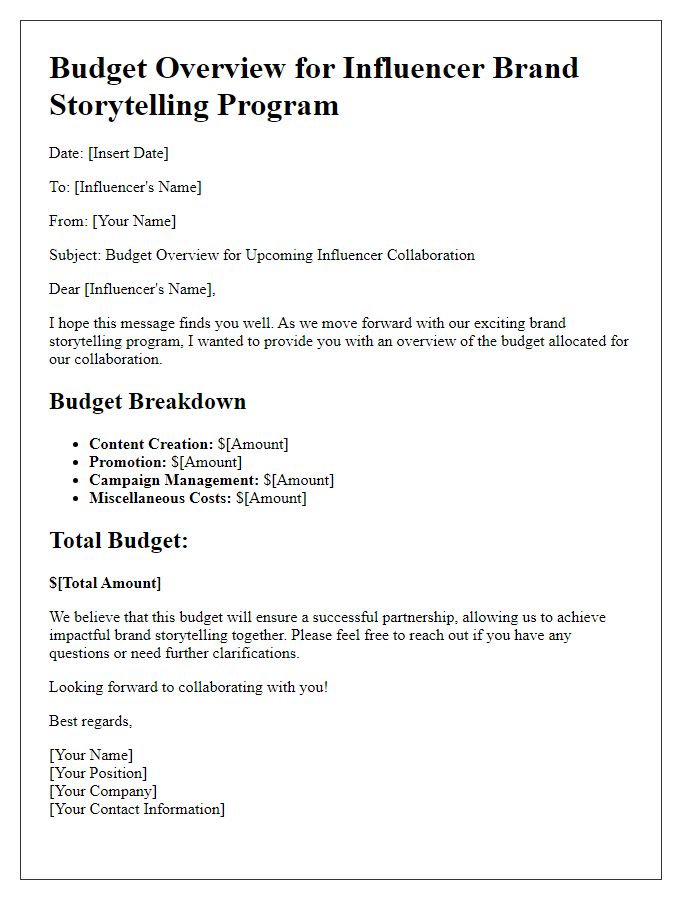 Letter template of budget overview for influencer brand storytelling program