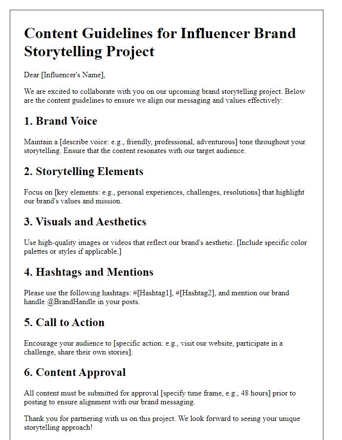 Letter template of content guidelines for influencer brand storytelling project