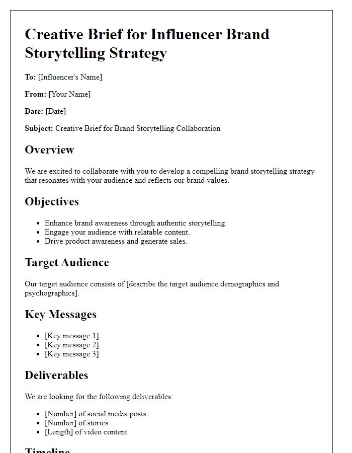 Letter template of creative brief for influencer brand storytelling strategy