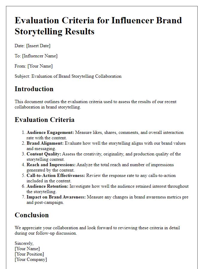 Letter template of evaluation criteria for influencer brand storytelling results