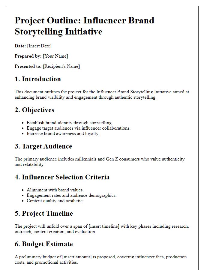 Letter template of project outline for influencer brand storytelling initiative