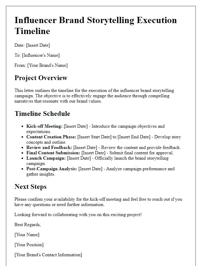 Letter template of timeline schedule for influencer brand storytelling execution