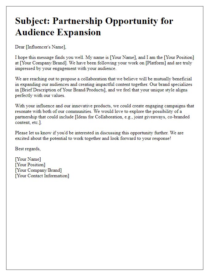 Letter template of influencer alliance proposition for audience expansion