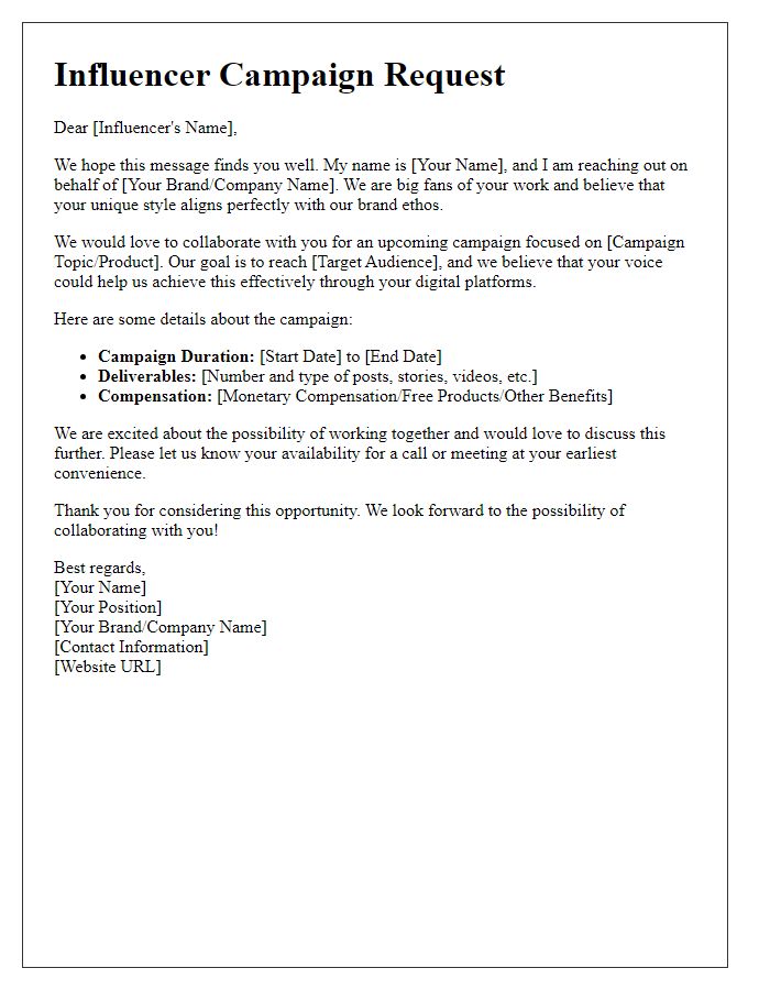 Letter template of influencer campaign request across digital platforms