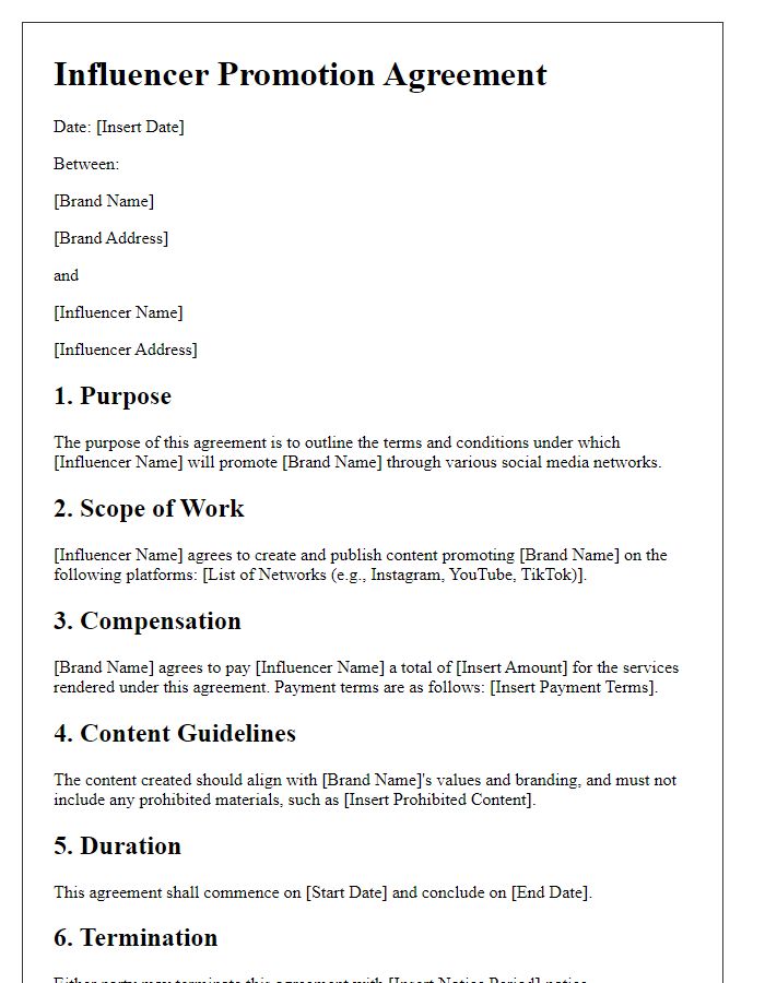 Letter template of influencer promotion agreement for various networks