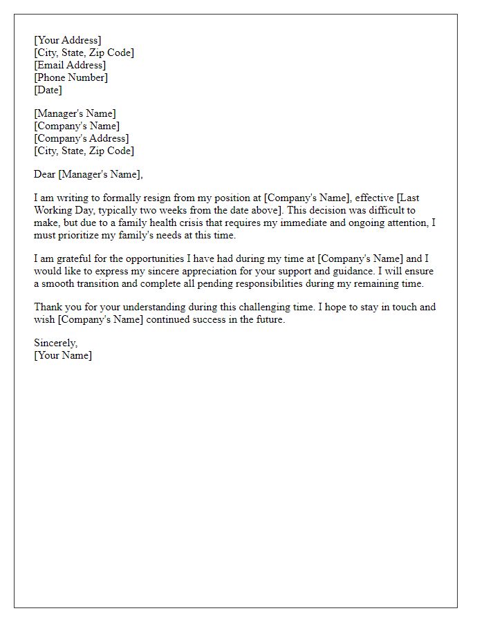 Letter template of formal resignation because of a family health crisis.