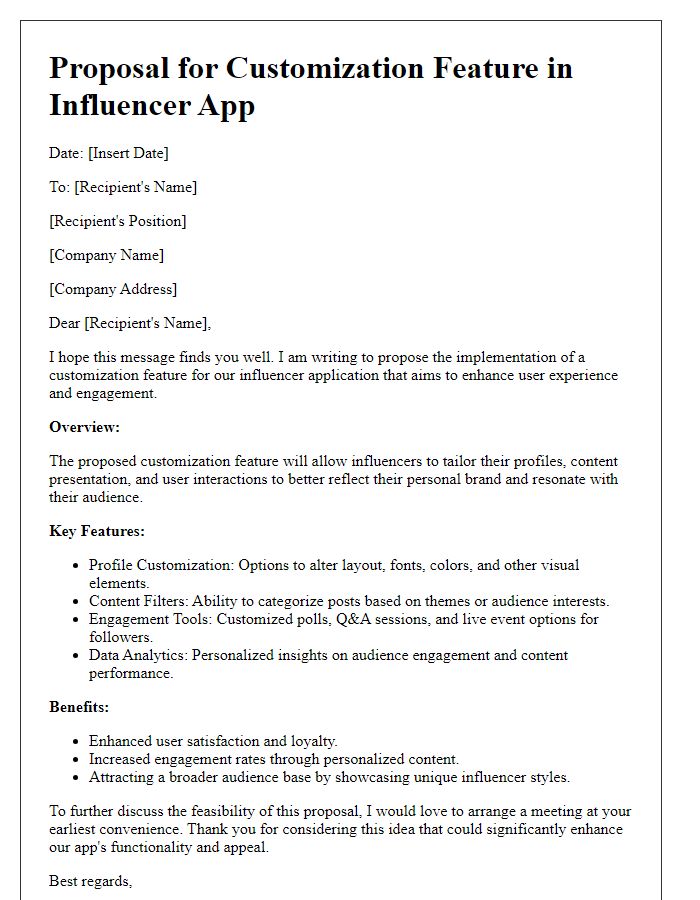 Letter template of influencer app customization feature proposal