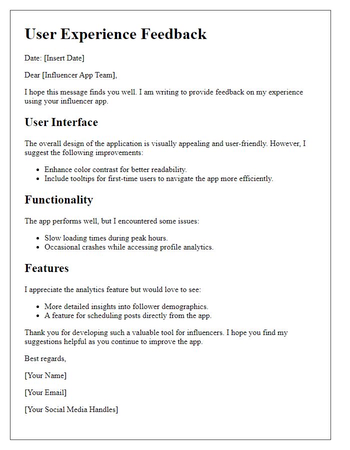 Letter template of influencer app user experience feedback