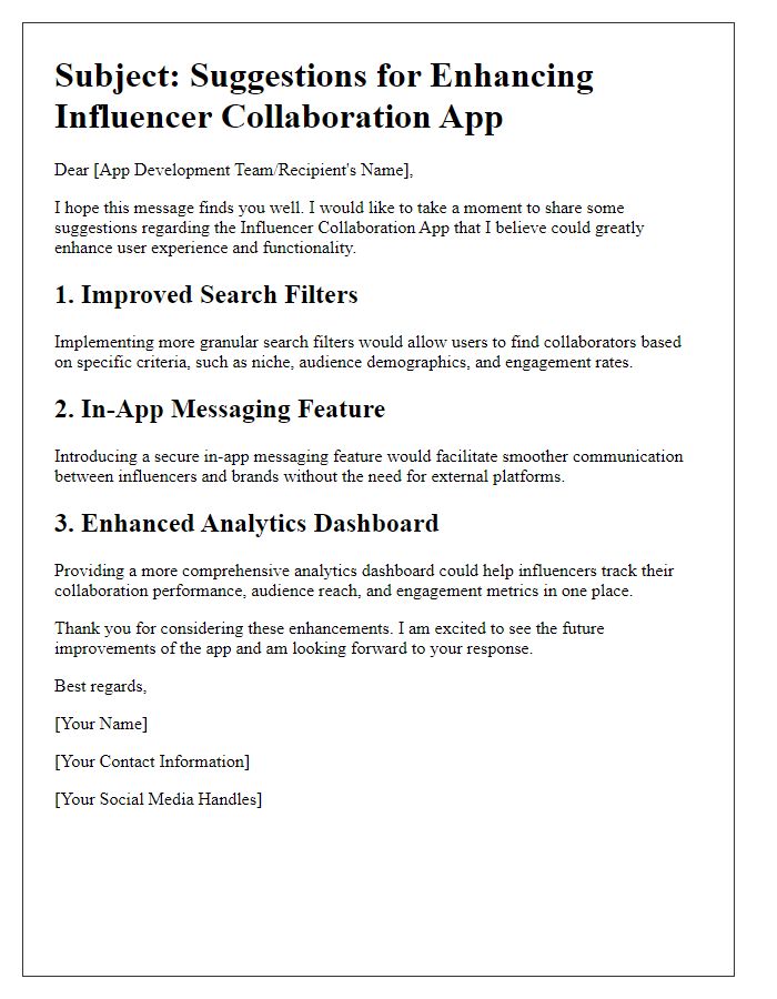 Letter template of influencer collaboration app improvement suggestion