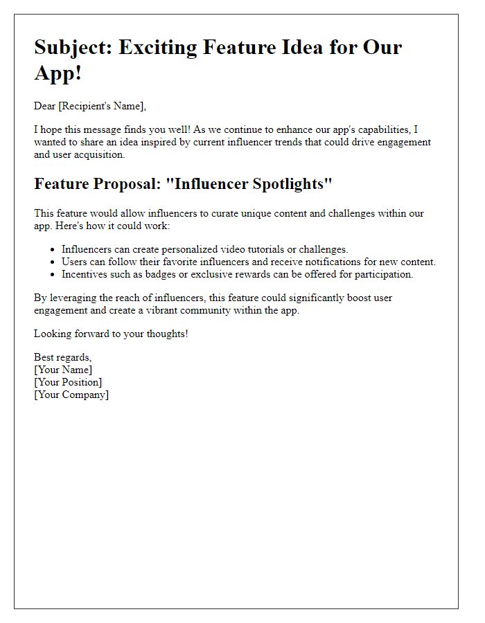 Letter template of influencer-driven app feature idea